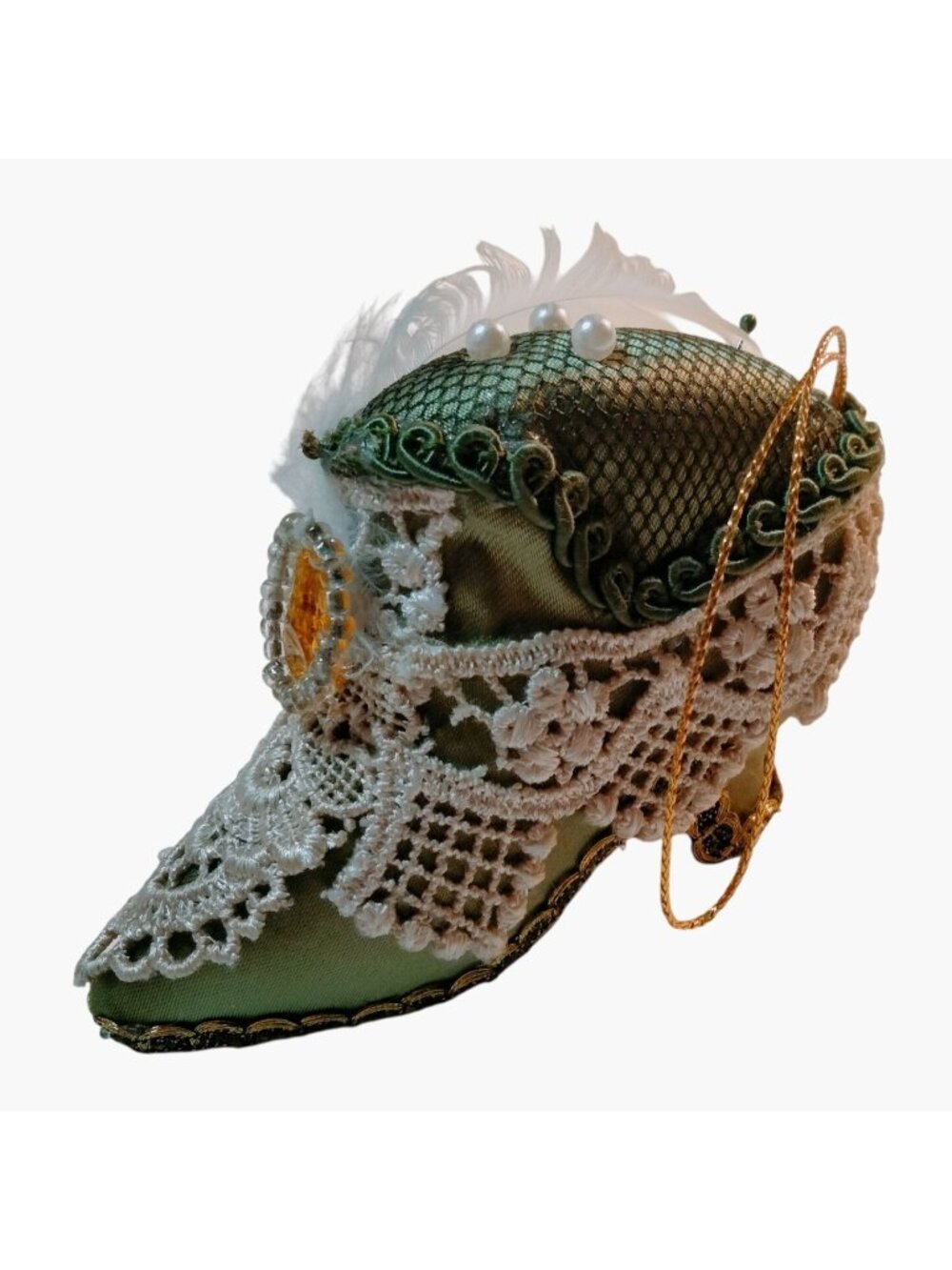 Victorian Style Shoe Ornament Lace Feather Pearl Jeweled Green Gold